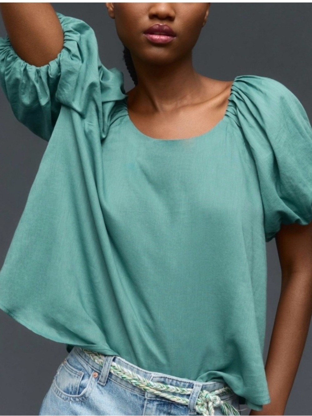 Anthropologie Puff-Sleeve Scoop Neck Top in Seafoam Green